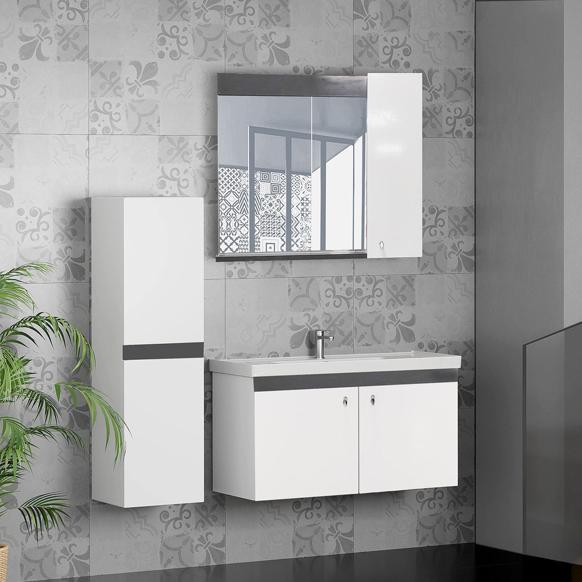 New Bahar Aynalı 80 cm Takım Banyo Dolabı Beyaz — Ürün görünümü
