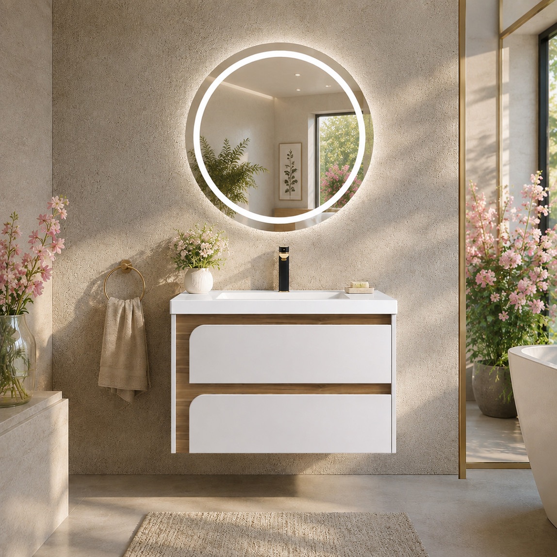 Gold Banyo Valery Aynalı 80 cm Takım Banyo Dolabı Beyaz-Ceviz — Ürün görünümü