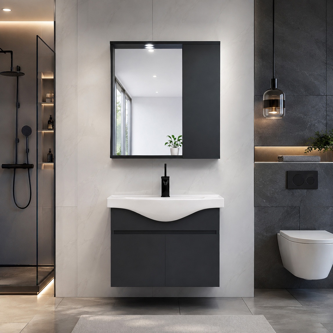 Polka Kuala Aynalı 65 cm Takım Banyo Dolabı Siyah — Ürün görünümü