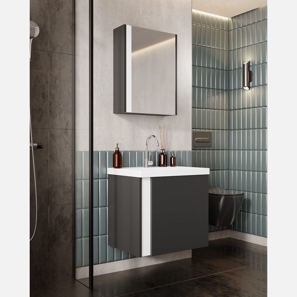 Kemer Aynalı 60 cm Takım Banyo Dolabı Antrasit — Ürün görünümü