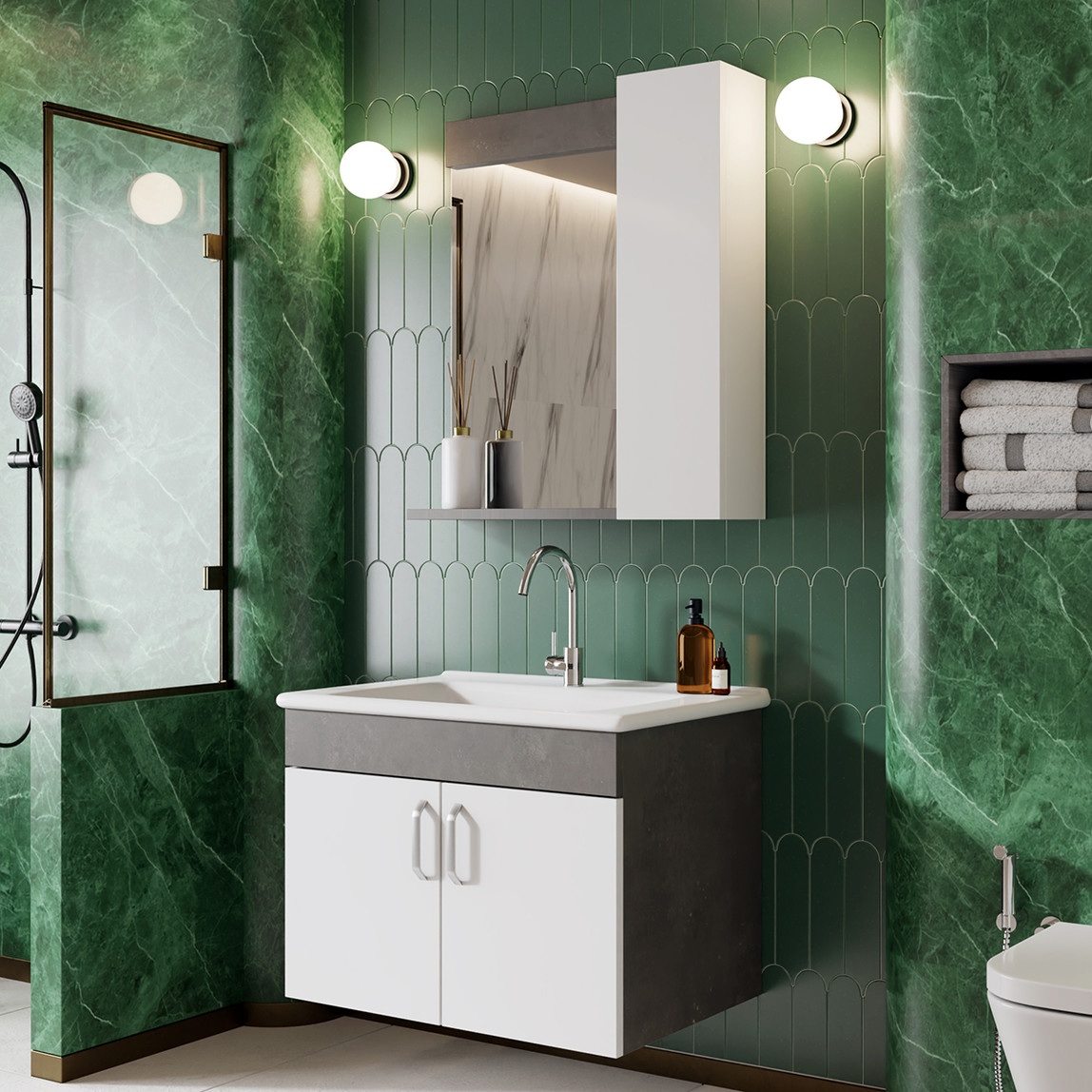Gümüş Aynalı 65 cm Takım Banyo Dolabı Gümüş-Beyaz — Ürün görünümü