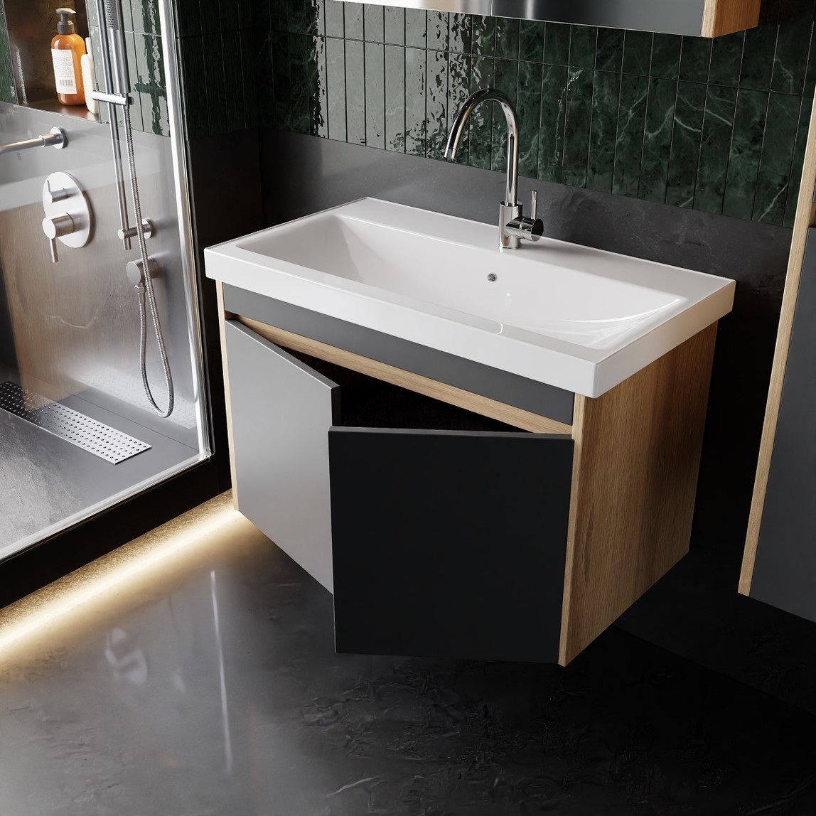 Dallas Aynalı 80 cm Takım Banyo Dolabı Somono Meşe-Antrasit — Ürün detayı